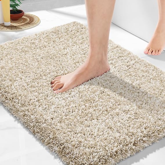Yimobra Bathroom Rugs Non Slip Washable 24X17, Small Bath Mat, Beige&White