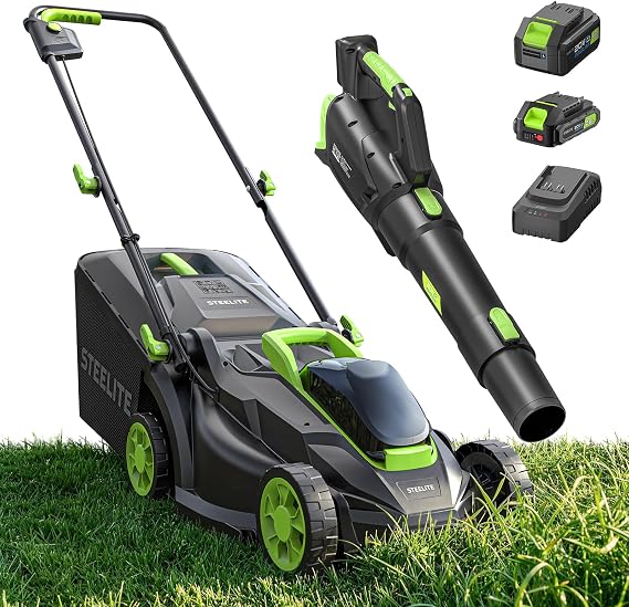 STEELITE 12 inch Cordless Lawn Mower and Leaf Blower Combo, 21V Brushless Electric Yard Tool Kit with 4.0Ah & 2.0Ah Batteries & Charger, Mulching/Bagging Push Mower & Cordless Blower for Small Yard