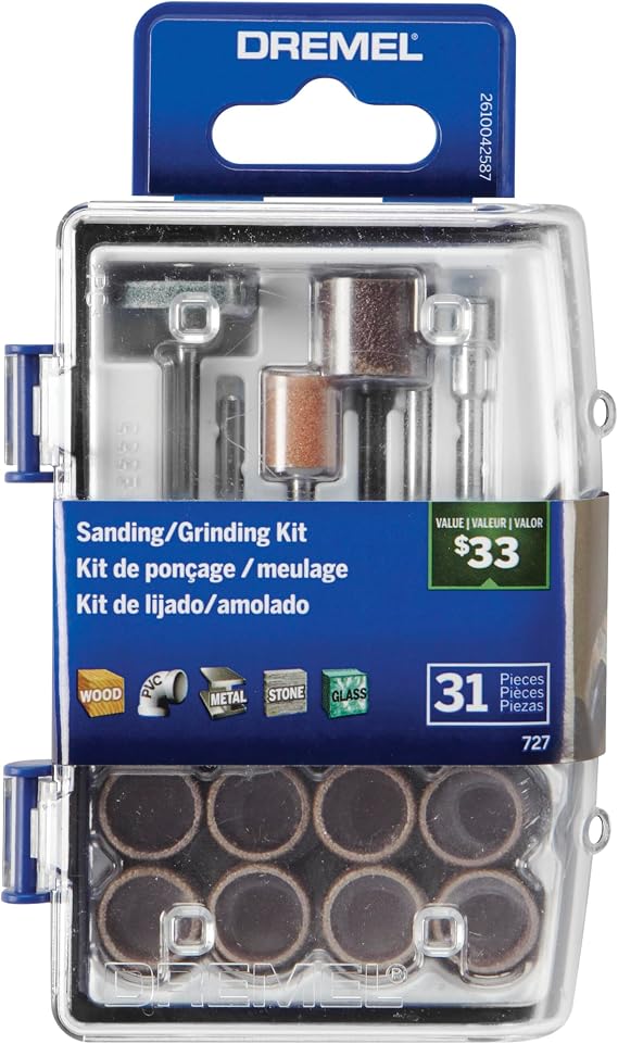 Dremel 727-01 Sanding & Grinding Rotary Tool Accessory Kit with Case, 31-Piece Includes Grinding Stones, Sanding Bands, Cut-Off Wheel and Mandrel