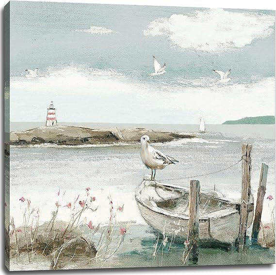 dgbtcart Bathroom Vintage Decor Beach Wall Art Ocean Theme Coastal Picture Canvas Print Sea Birds Seagull Seascape Artwork Hanging for Dining Office Living Room Bedroom 14"x14"