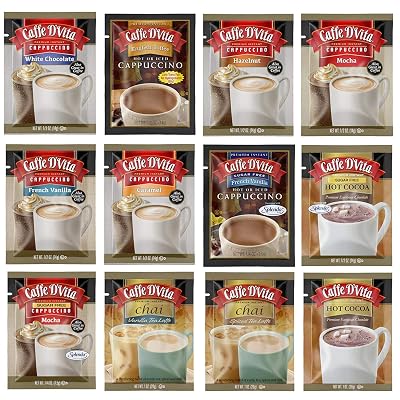 Caffe DVita Variety Pack - Flavored Instant Coffee Powder Mix Packs English Toffee, Cocoa, French Vanilla, White Choc, Caramel, Vanilla, Spiced, Mocha, Hazelnut - 0.5 oz each, 12 Packets, 1 of Each