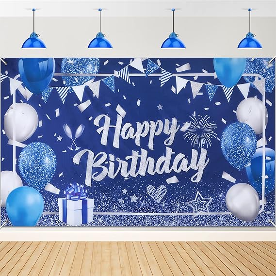 Navy Blue Birthday Party Decoration Banner for Men Women, Large Blue Silver Birthday Banner Photography Background Party Decoration for Men Boys Women Girls 70.8x43.3Inch