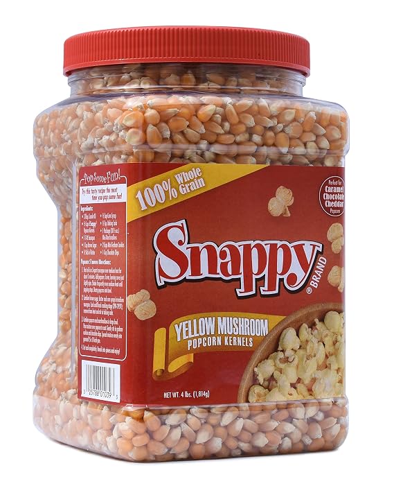 Snappy Yellow Mushroom Popcorn Kernels for Caramel Corn and Kettle Corn, Non-GMO Whole Grain, 4 lb Resealable Jar