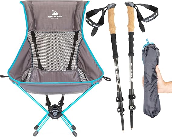 Get Out Gear TrekChair V2 Highback Backpacking Chair | 2-in-1 Trekking Pole and Camp Chair System | Extra Large and Wide with Headrest | Ultralight | Compact, Packable, and Lightweight Hiking Chair