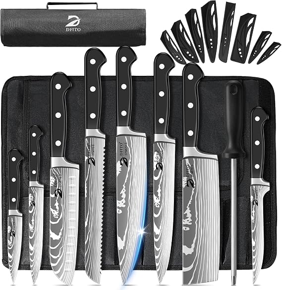 Dfito Chef Knife Set with Roll Bag, 9PCS Professional Knife Set with Sharpener, High Carbon Stainless Steel Kitchen Knife Set with Anti-Slip Ergonomic Handle for Camping, Travel, BBQ, RV or Gift Black