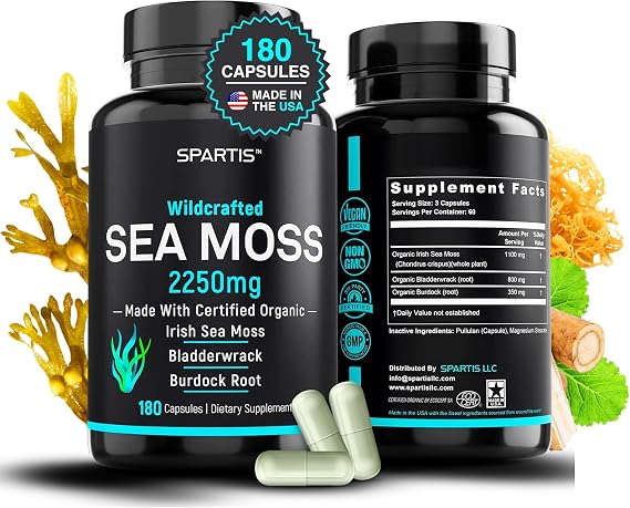 SPARTIS Certified Organic Sea Moss Capsules 2250mg Wildcrafted Irish Sea Moss Burdock Root Bladderwrack Supplement Raw Seamoss Pills & Powder (Pack of 1 at 180-Caps)