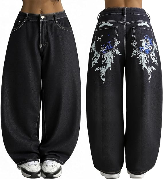 EMMIOL Women Boyfriends Hip Hop 90s Vintage Baggy Jeans Loose Denim Pants Mid Waist Jeans