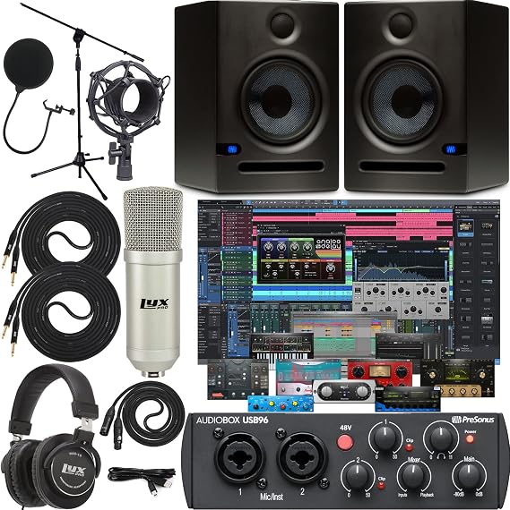 Presonus AudioBox 96 Audio Interface with Creative Software Kit and Studio Bundle and Eris E5 Pair 2-Way Studio Monitors with 1/4 Cables