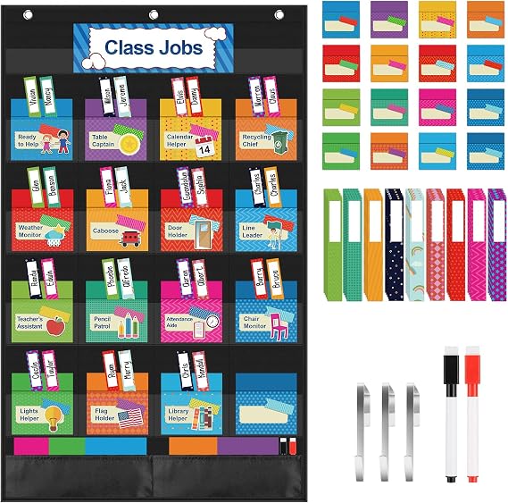 KIKIGOAL Class Jobs Pocket Chart Bulletin Board for School Classroom,Teacher's Helper Classroom Management Educational Pocket Chart (Black)
