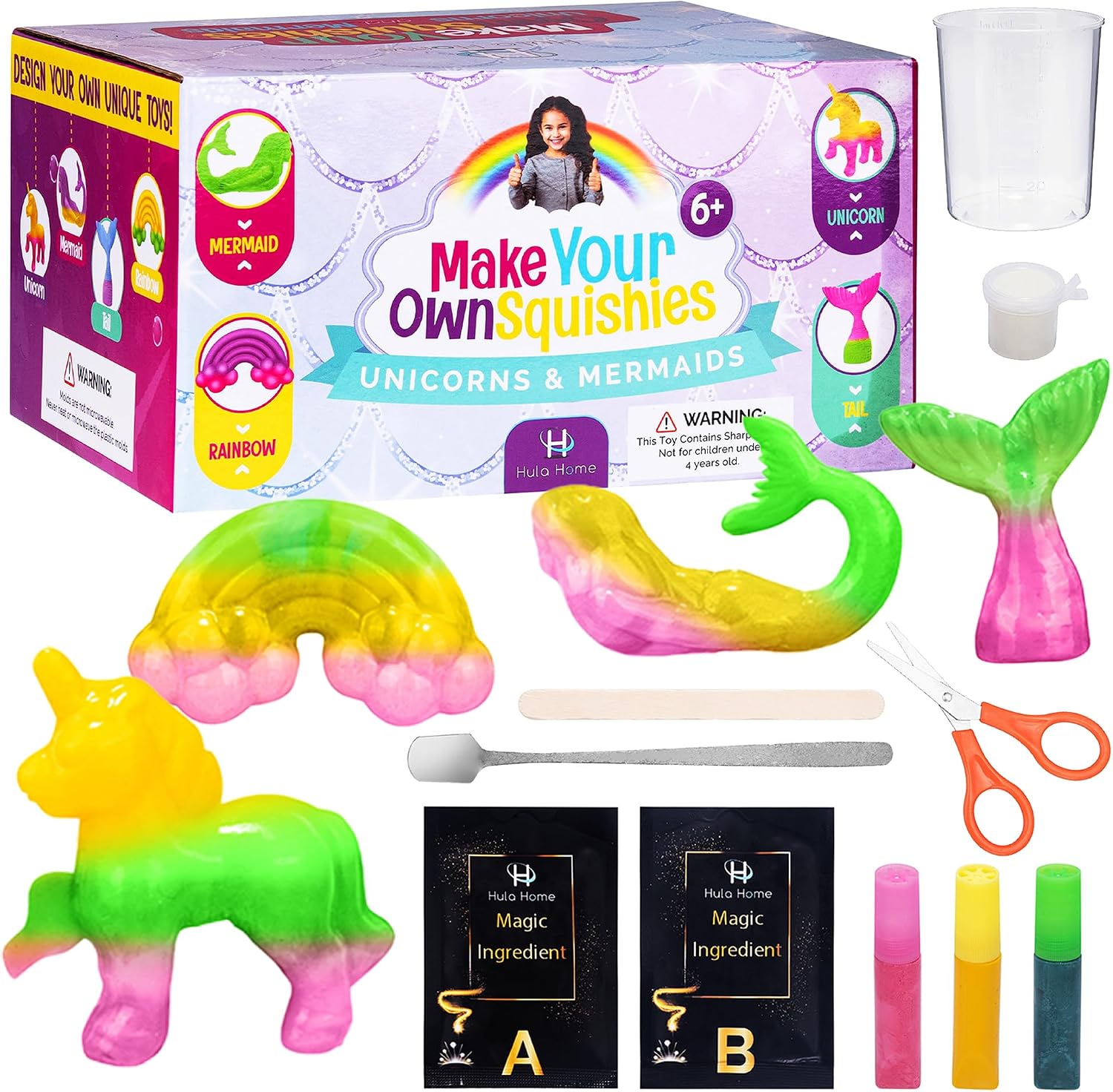Hula Home Unicorn & Mermaid Squishy Making Craft Kit for Kids 6, Makes 4 Glow in The Dark DIY Squishie Toys in 60 Mins, Non-Toxic & Kid Safe Materials