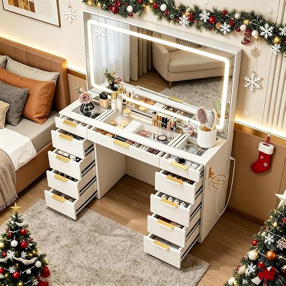 Glass Top Vanity Desk with Mirror and Lights, 11 Drawers Makeup Vanity, 3 Lighting Modes Dressing Table with Power Outlet, Golden Handles, White