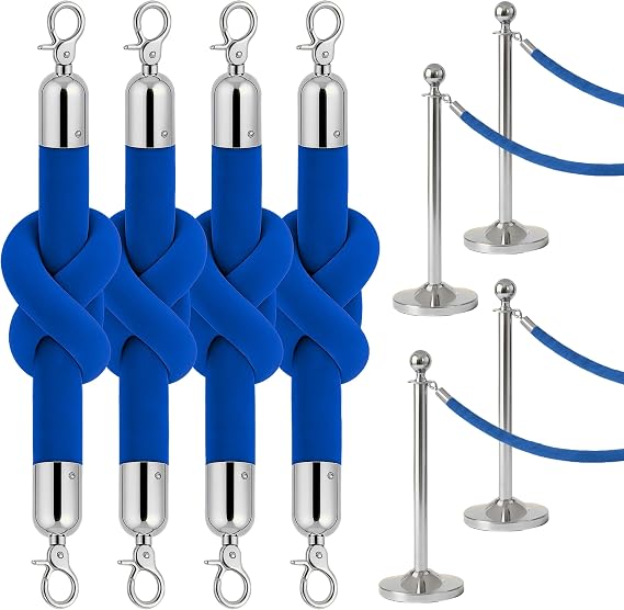 4 PCS Blue Velvet Rope - 5 Ft Crowd Control Ropes Control Hanging Stanchion Rope for Parties Crowd Queue Line for Ceremonies Barrier for Safe