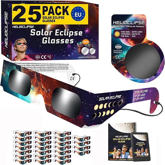 Helioclipse 6/12/25/50/100 Pack Solar Eclipse Glasses 2026 ISO 12312-2 Certified - Solar Eclipse Viewing Glasses UK - Approved Solar Glasses