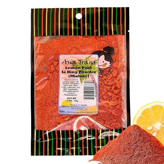 Lemon Peel Red Li Hing Mui Powder - Flavor Fresh Fruit, Candy, Shave Ice or Cocktail Drinks - Sweet, Sour & Salted Dried Plum Powder - Asian Hawaiian Snack - 2.5 Ounce