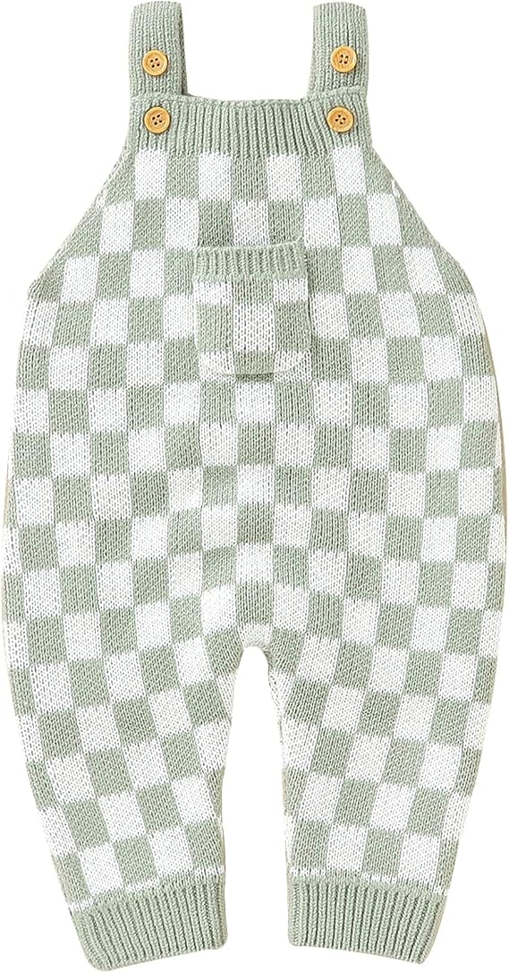 Unisex Baby Girl Boy Knitted Romper Jumpsuit Checkerboard Plaid One Piece Button Down Sweater Playsuit Clothes