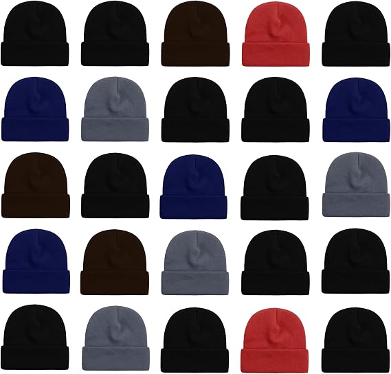 25 Pack Winter Beanie Hats, Unisex Thermal Toboggan Cold Weather Cuffed Caps Bulk Bundle