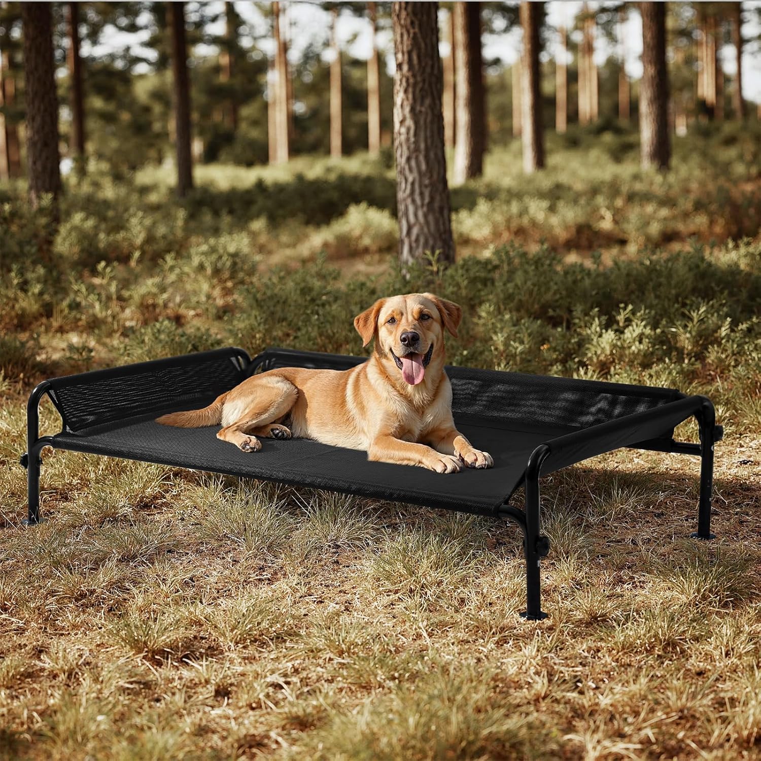 Gardner Pet Elevated Dog Bed, Outdoor Raised Dog Bed, Portable Cooling Bed for Dogs, Elevated Pet Bed with 3-Sided Guardrail, Washable Breathable Mesh, Size L (124x77x31cm), Black