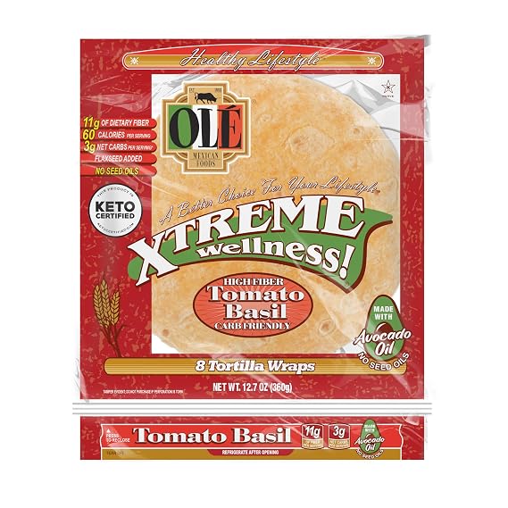 Ole Xtreme Wellness Tomato & Basil | 8" Size Flour Tortillas |Carb Friendly |Keto Certified | 12.7 oz.| 8 Count (Pack of 4)