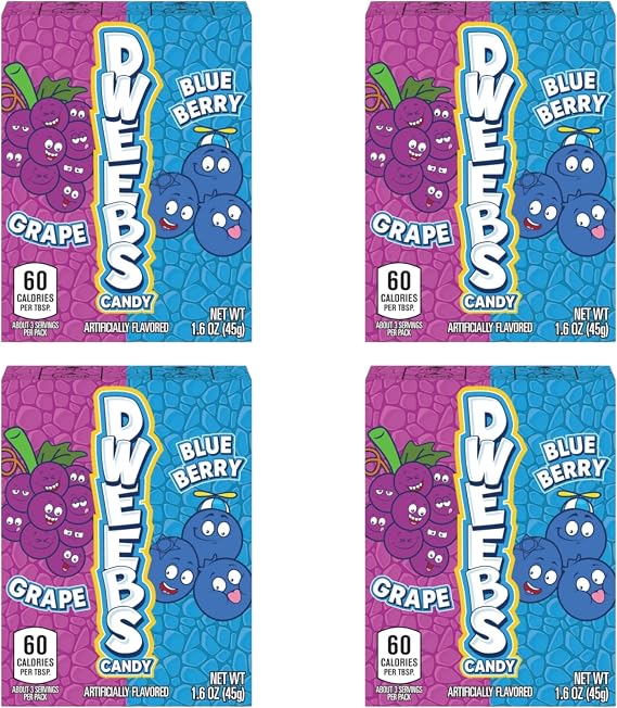 Dweebs Grape & Blueberry Candy Sweets – 4 Pack Bundle – American Crunchy Bits Dual Flavour Boxes - 45g Boxes