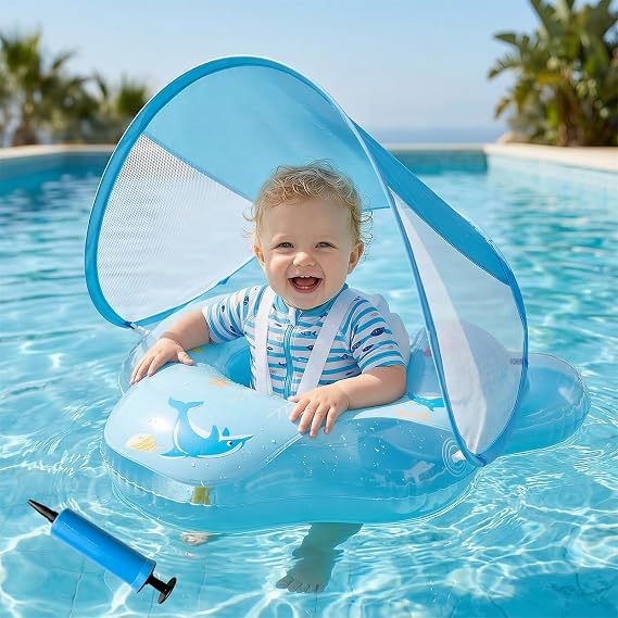 Baby Swimming Float with Canopy UPF50+ – Inflatable Swimming Ring for Toddlers 12 Months+, Includes Air Pump &amp; 2 Patch Kits, Child-Friendly Materials for Water Floating and Swimming Exercises