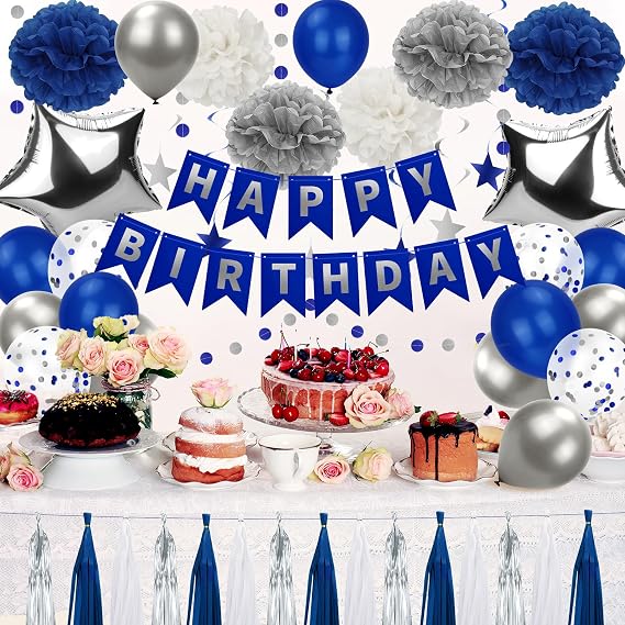 Blue and Silver Birthday Decorations 50pcs Blue Party Supplies Set