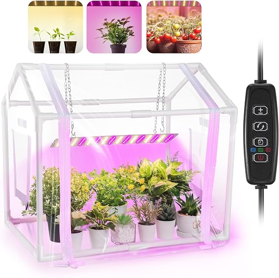Meonum Mini Greenhouse for Indoor Outdoor, Portable Green House with 15W Plant Dimmable LED Grow Lights, Timer, 3 Light Color Mode for Indoor Outdoor Seed Starter Tray(23.6"x15.7"x19.6")