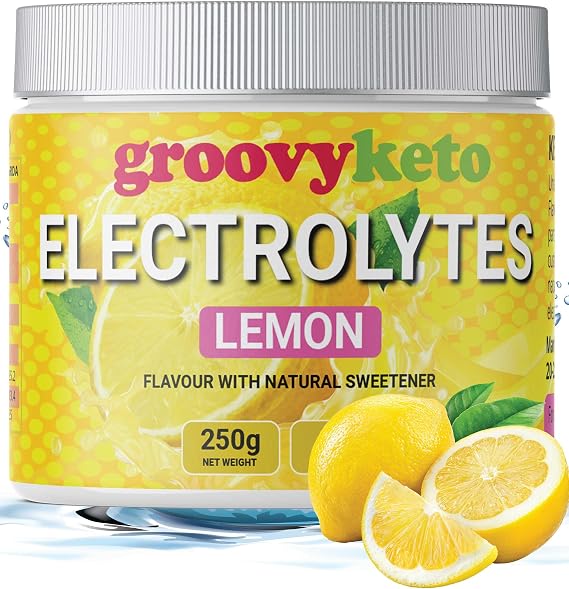 Groovy Keto Electrolytes Powder - Lemon Flavour, 250g tub, 50 Servings, Sugar Free, Gluten Free, Zero Calories, Fasting, Hydration for Keto