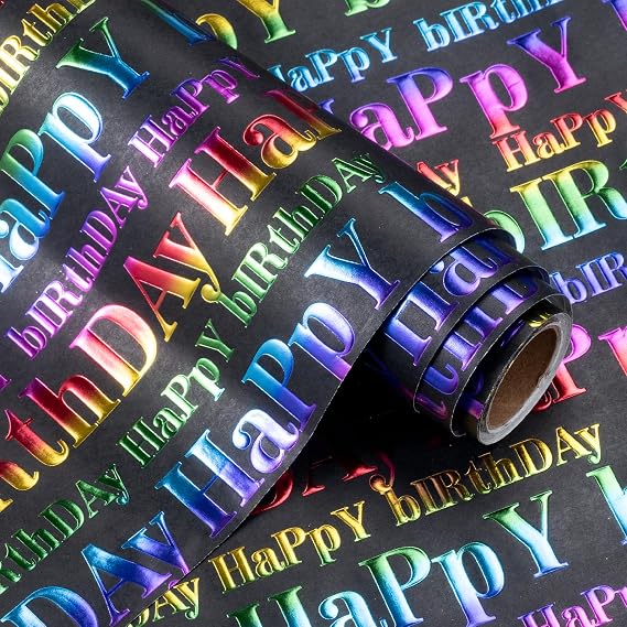 WRAPAHOLIC 3D Kraft Birthday Wrapping Paper Roll - Mini Roll - 17 Inch x 16.5 Feet - Black and Colorful Foil Happy Birthday Wrapping Paper with Embossed for Kids Boy Girls, Baby Shower