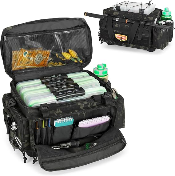 GOBUROS Waterproof Fishing Tackle Bag with Rod Holder(NO Tackle Boxes) | Soft Tackle Box Organizer Storage Bag with Waterproof EVA Bottom, Pliers Storage for Fishing