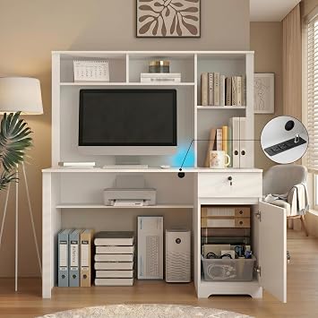 Modern Multi-Functional Engineered Wood Computer Desk with Hutch, Bookshelf, Drawers, 3 AC & 2 USB Ports, Gaming Computer Desk for Living Room, Home Office