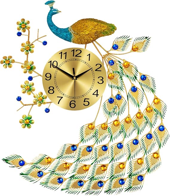 29.5" Large Peacock Wall Clock Crystal Decor,3D Creative Luxury Wall Clock Silent Non-Ticking,for Living Room Bedroom Home Decorations
