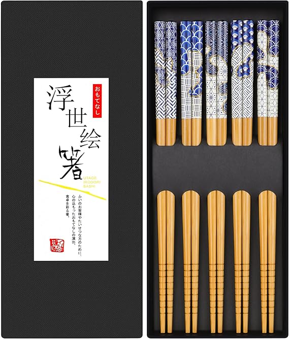 Antner 5 Pairs Bamboo Chopsticks Reusable Chopstick Exquisite Japanese Style Chop Sticks with Black Box for Sushi, Ramen, Hot Pot and Asian Dining, 8.8 Inch/22.5cm Gift Set