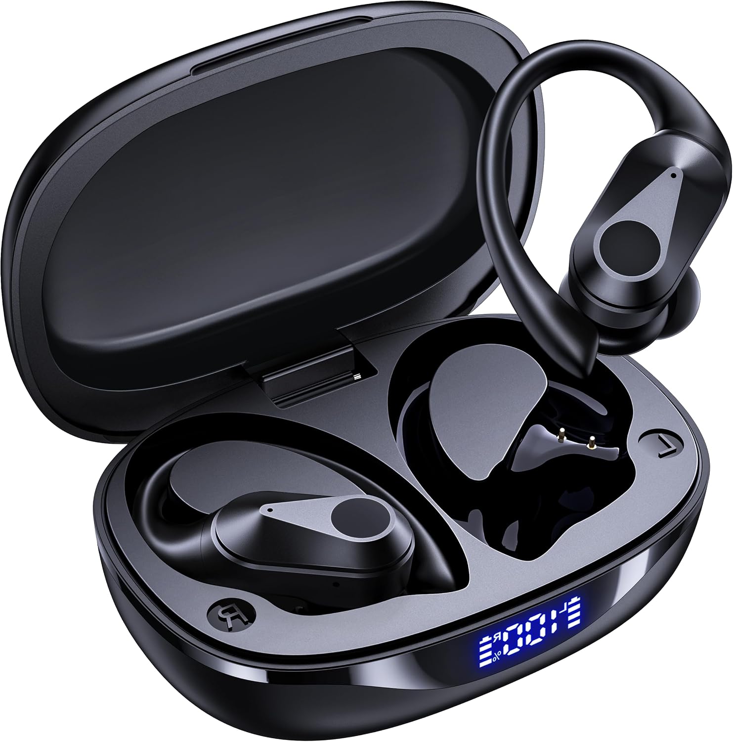 Wireless Earbuds, 90H Playtime Bluetooth Headphones, Over Ear Buds with LED Display, Stereo Bass Earphones, Wireless Charging Case, IPX7 Waterproof Sport Headset for Workout, Black