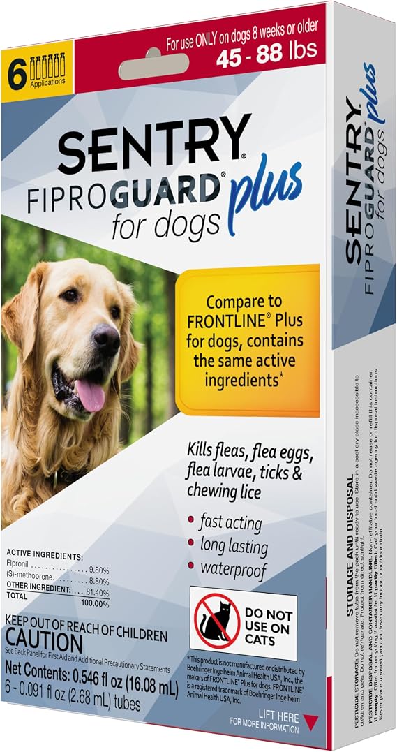 SENTRY PET CARE SENTRY Fiproguard Plus for Dogs, Flea and Tick Prevention for Dogs (45-88 Pounds), Includes 6 Month Supply of Topical Flea Treatments