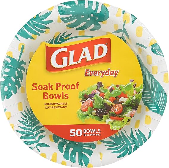 Glad Round Disposable Paper Bowls, Palm Leaves Pattern, 16 Oz, 50 Count