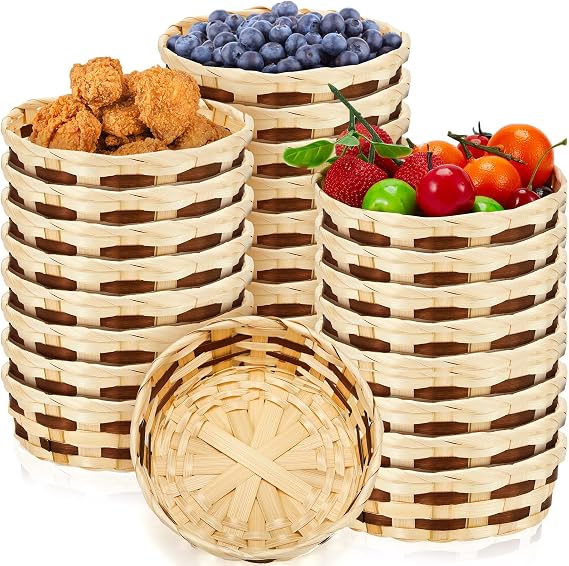 Sintuff 24 Pack Small Round Woven Gift Baskets, Bamboo Bread Fruit Basket