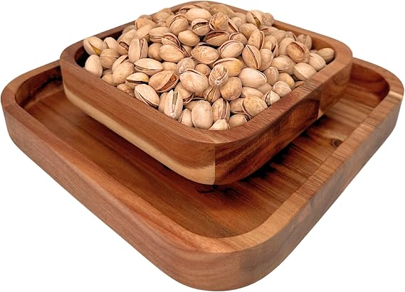 Penko Acacia Pistachio Snack Bowl Double Dish Holder Bowl Pedestal and Sunflower Seed Nut Bowl with Shell Storage