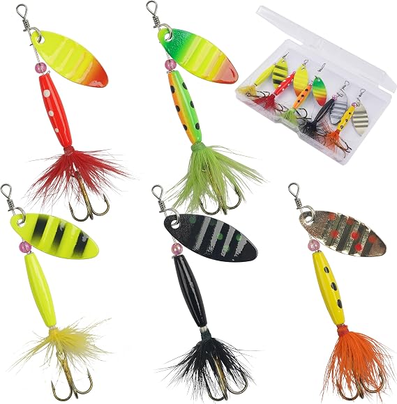 Spinner Baits Bass Lures Rooster Feather Tail Fishing Lures Trout Lures Hard Metal Inline Spinnerbaits for Bass Trout Pike Walleye Salmon with Tackle Box