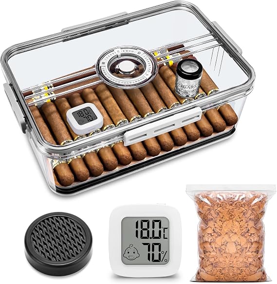 Cigar Humidor Transparent Acrylic Cigar Humidor Spanish Cedar Cigar Storage Box with Hygrometer and Humidifier Capable for 30-50 Cigars (Medium)