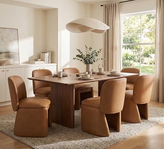 Hyfirm Modern Upholstered Dining Chairs Set of 6, Faux Leather Accent Side Dining Chairs Armless Kitchen Chairs with Curved Back Parsons Chairs for Kitchen Dining Room Living Room, Brown