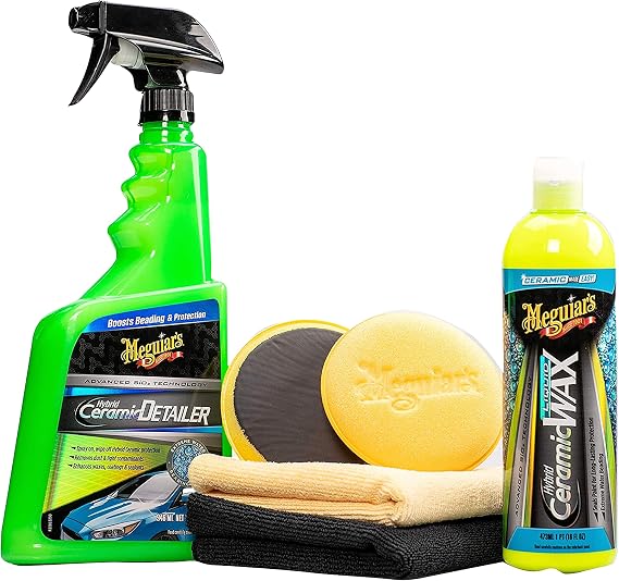 Meguiar's Hybrid Ceramic Wax & Shine Kit - Includes Ceramic Wax and Ceramic Detailer, with Microfiber Clothes and buffing Pads for Cars, trucks, SUVs