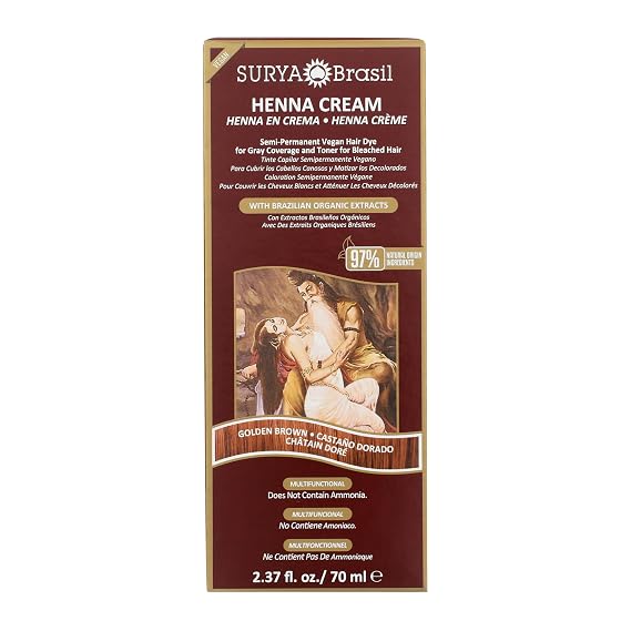 Surya Brasil Henna Cream Golden Brown - 97% Natural Ingredients, Vegan, Cruelty-Free, Eco-Friendly, Semi-Permanent Hair Color, Deep Hydration & Shine, 2.37 FL Oz