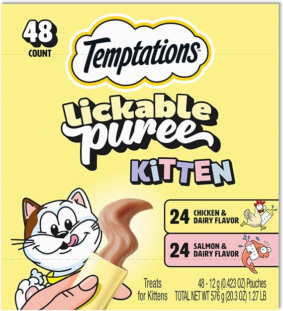 Temptations Lickable Puree Kitten Cat Treats, Chicken & Salmon, 48 Count