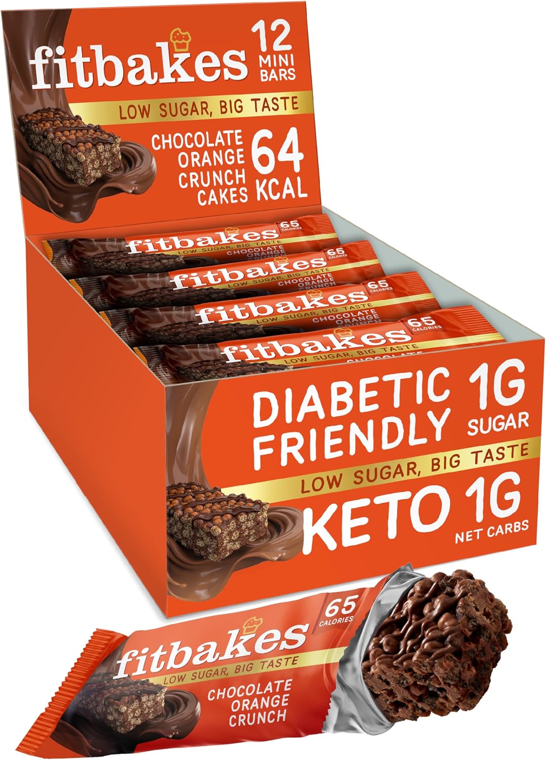 Fit Bakes 65 Calories Mini Chocolate Orange Bars 12x19g Diabetic Chocolate Keto Snack, 1 Net Carb Low Sugar Crunch Cake Diabetic Sweet Biscuits, Low Calorie Snack, No Added Sugar, Fitbakes