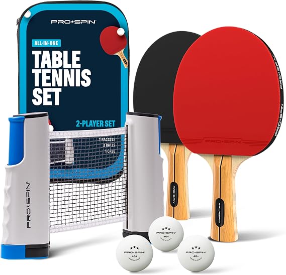 PRO-SPIN Portable Ping Pong Set with Retractable Ping Pong Net for Any Table, All-in-One Table Tennis Set with Ping Pong Paddles, Balls & Case, Table Top Family Game