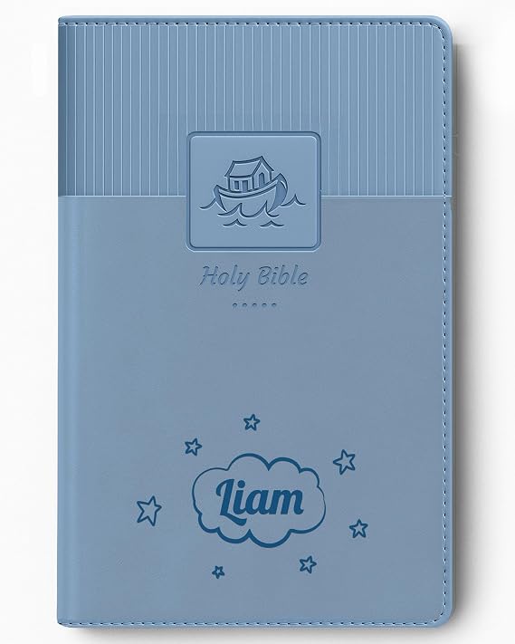 Printualist Personalized Gift Babys Bible with Custom Name, New International Version Blue, Red Letter Edition, Comfort Print, Faux Leather