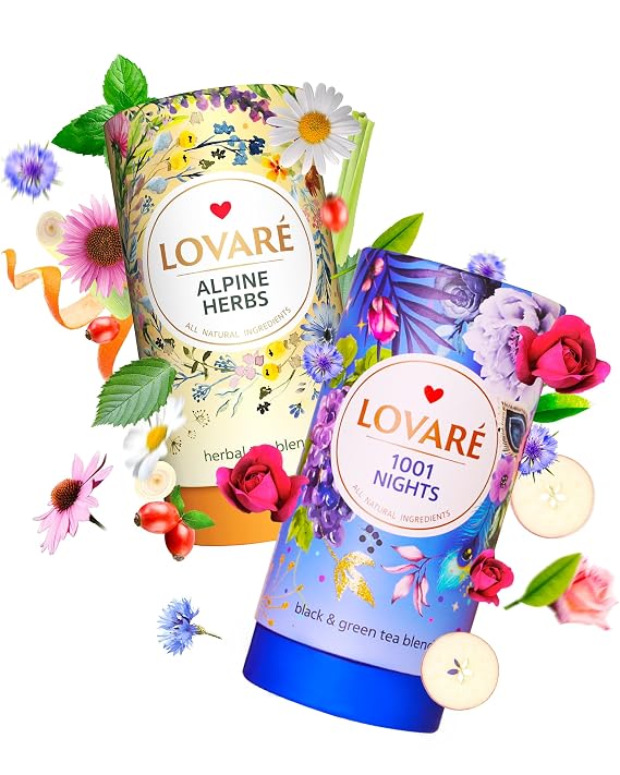 LOVARE Loose Leaf Tea Bundle - 1001 Nights & Alpine Herbs - Made in Ukraine - Gift Box Bundle with 15 Paper Filters - Mother's Day Gifts