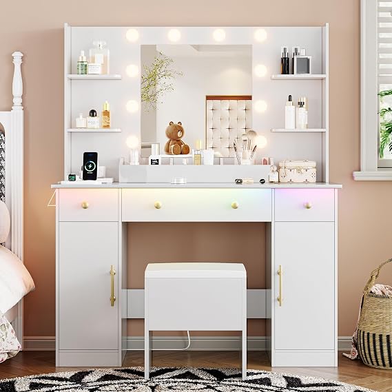 Xixini Vanity Desk with Mirror and Lights, 43'' White Makeup Dressing Table Set with 5 Drawers & Chair, Power Outlet, 3 Lighting Modes Adjustable Brightness & RGB LED for Women Girls Bedroom Bathroom