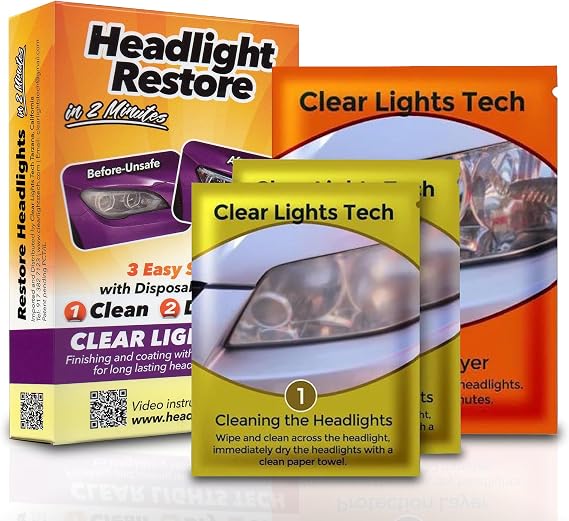 Clear Lights Tech, Headlight Restoration Kit - Headlight Cleaner 3-Wipe System, Helps Remove Yellowing & Oxidation, Helps Improve Headlight Visibility, Long-Lasting UV Protection.