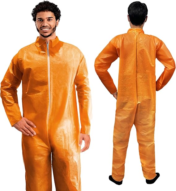 AMZ Medical Supply Orange Disposable Coverall for Men/Women, Large. Hazmat Suit Disposable. Breathable PP+PE 40 GSM Painters Coverall. Paint Suit with Open Wrists, Ankles, Front Zipper